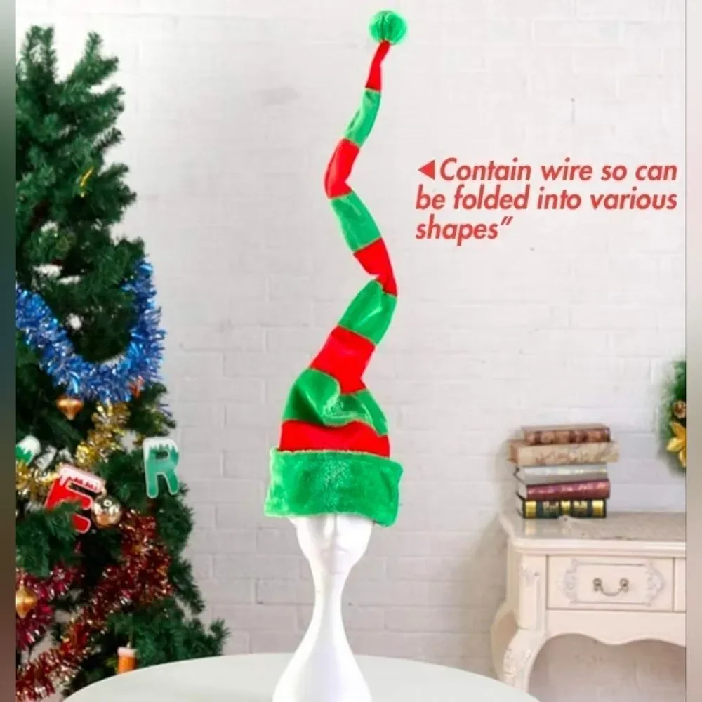 🔹️NWOT Green & Red Striped Adjustable Wire Extra Long Elf Hat One Size - Picture 5 of 7